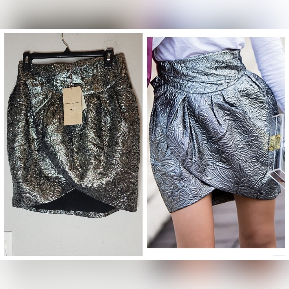 NWT Isabel Marant × H&M Wool/Silk‎ Metallic Grey Tulip Wrap Mini Skirt. Size 8